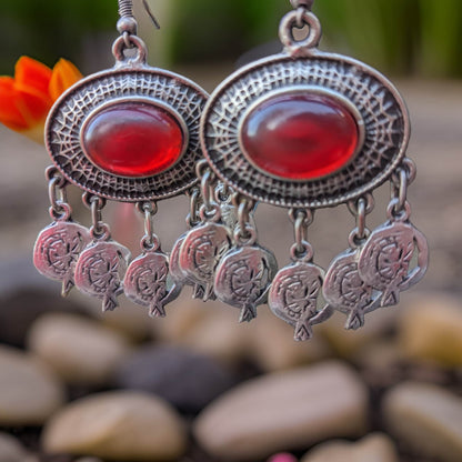 Bright Red Natural Stone Armenian Traditional Dangle Earrings with Pomegranate Filigree - Bohemian Style in Silver Color - Armenian Gift