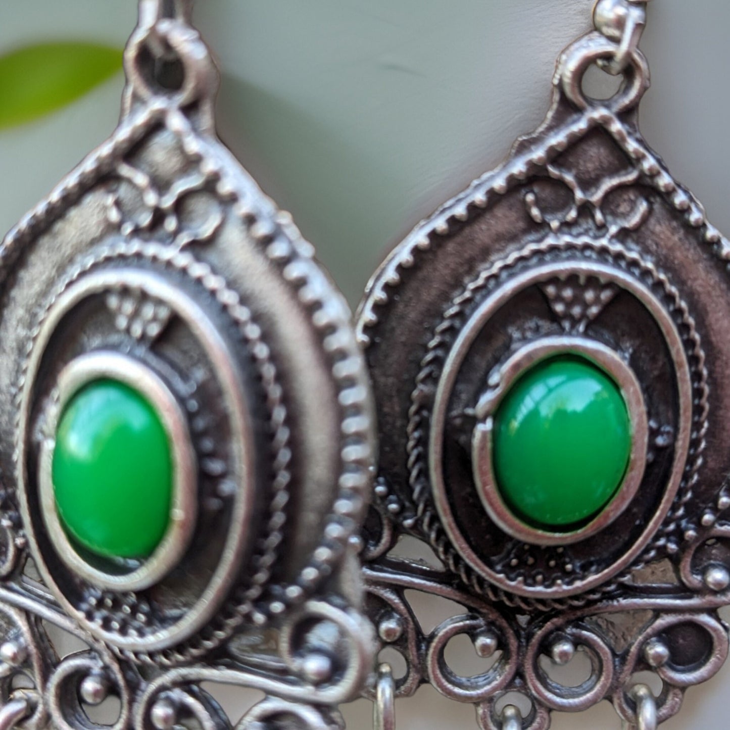 Renaissance Earrings - Victorian Style Bohemian Filigree Earrings with Large Natural Green Stone - Armenian Handmade - Armenian Gift