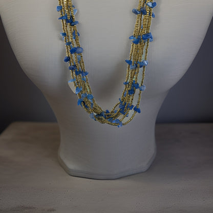 Navy Blue Gold Statement Necklace - Midnight Blue Multi-Strand with Stunning Gold Seed beads -  Luxurious Perfect for Special Occasions
