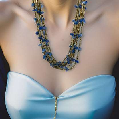 Navy Blue Gold Statement Necklace - Midnight Blue Multi-Strand with Stunning Gold Seed beads -  Luxurious Perfect for Special Occasions