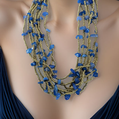 Navy Blue Gold Statement Necklace - Midnight Blue Multi-Strand with Stunning Gold Seed beads -  Luxurious Perfect for Special Occasions