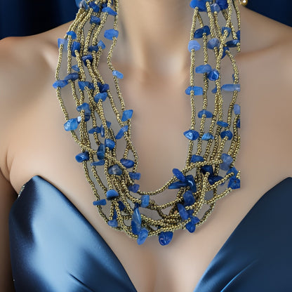 Navy Blue Gold Statement Necklace - Midnight Blue Multi-Strand with Stunning Gold Seed beads -  Luxurious Perfect for Special Occasions