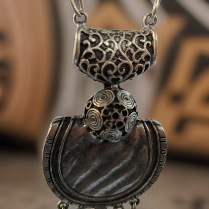 Bohemian Chic Statement Long Pendant with Filigree Designs and Coins - Unique Boho Necklace, Intricate Filigree Jewelry, Statement Piece