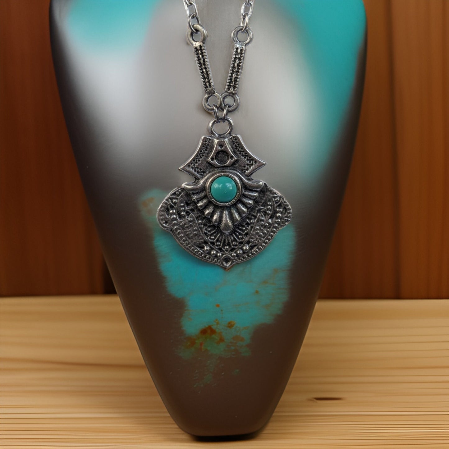 Bohemian Silver Tone Pendant with Natural Turquoise Stone  Long - Handcrafted Boho Jewelry, Turquoise Necklace, Statement Piece, Unique Gift