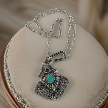 Bohemian Silver Tone Pendant with Natural Turquoise Stone  Long - Handcrafted Boho Jewelry, Turquoise Necklace, Statement Piece, Unique Gift