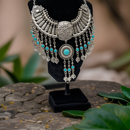 Large Bohemian Statement Necklace with Sky Blue Natural Stone and Pomegranate Beads - Armenian Heritage Inspired Jewelry- Armenian Gfit