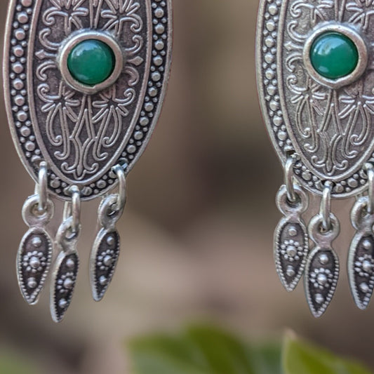 Filigree Oval Earrings with Natural Green Stone - Bohemian Dangle Long Earrings - Handcrafted Armenian Jewelry - Unique Statement Pieces