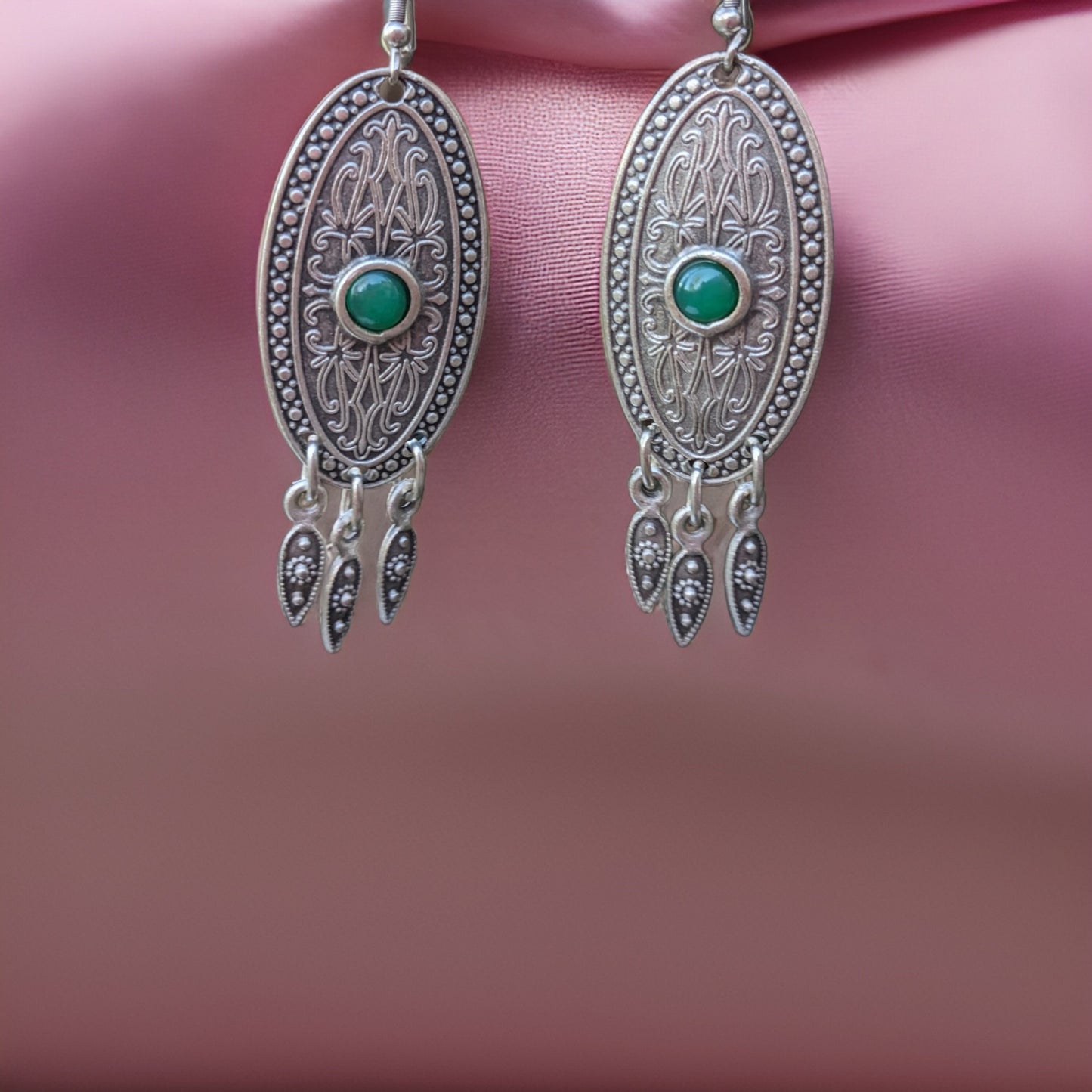 Filigree Oval Earrings with Natural Green Stone - Bohemian Dangle Long Earrings - Handcrafted Armenian Jewelry - Unique Statement Pieces