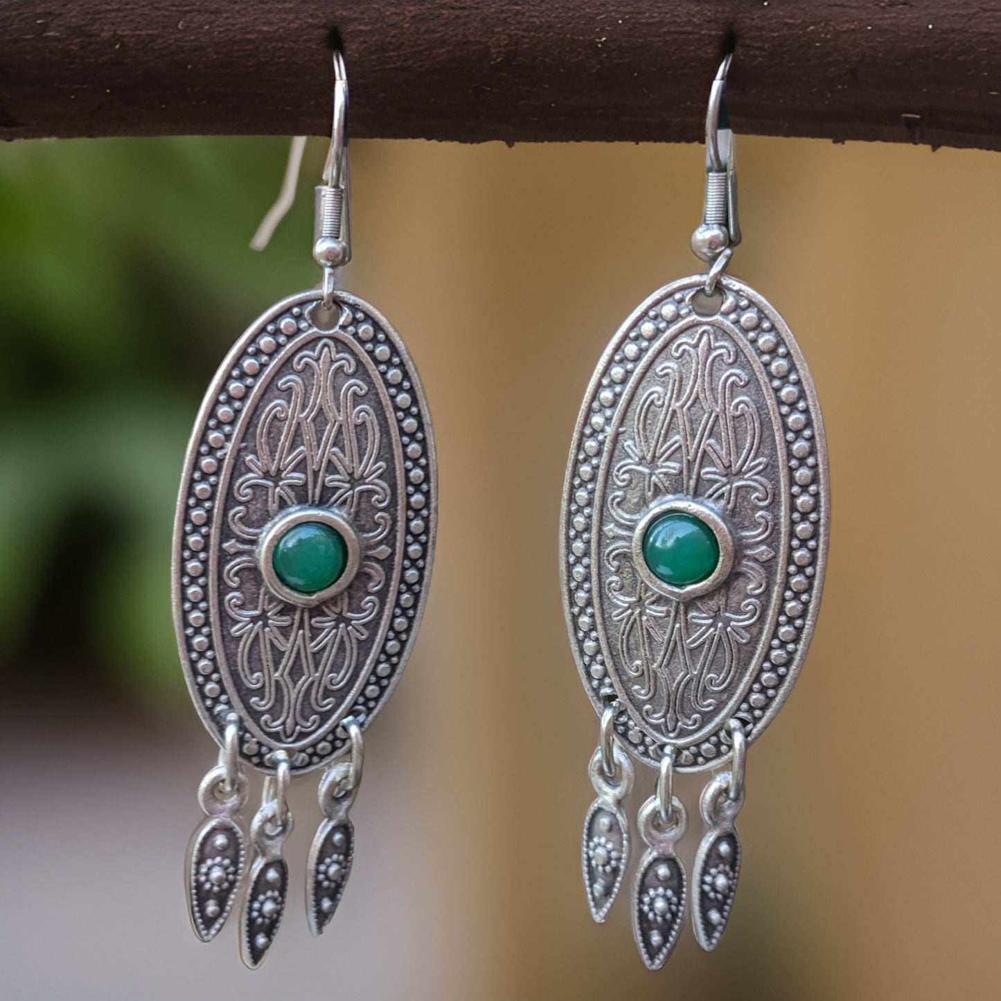 Filigree Oval Earrings with Natural Green Stone - Bohemian Dangle Long Earrings - Handcrafted Armenian Jewelry - Unique Statement Pieces