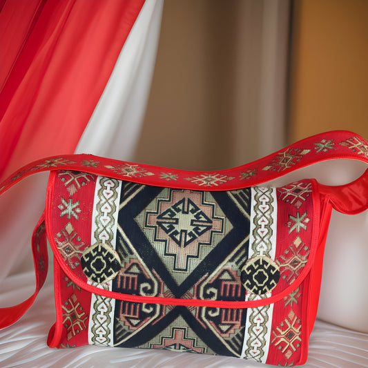 Red Armenian Motifs Cross Body Bag - Authentic Armenian Traditional Gift - Boho Ethnic Purse - Stylish and Original Shoulder Bag