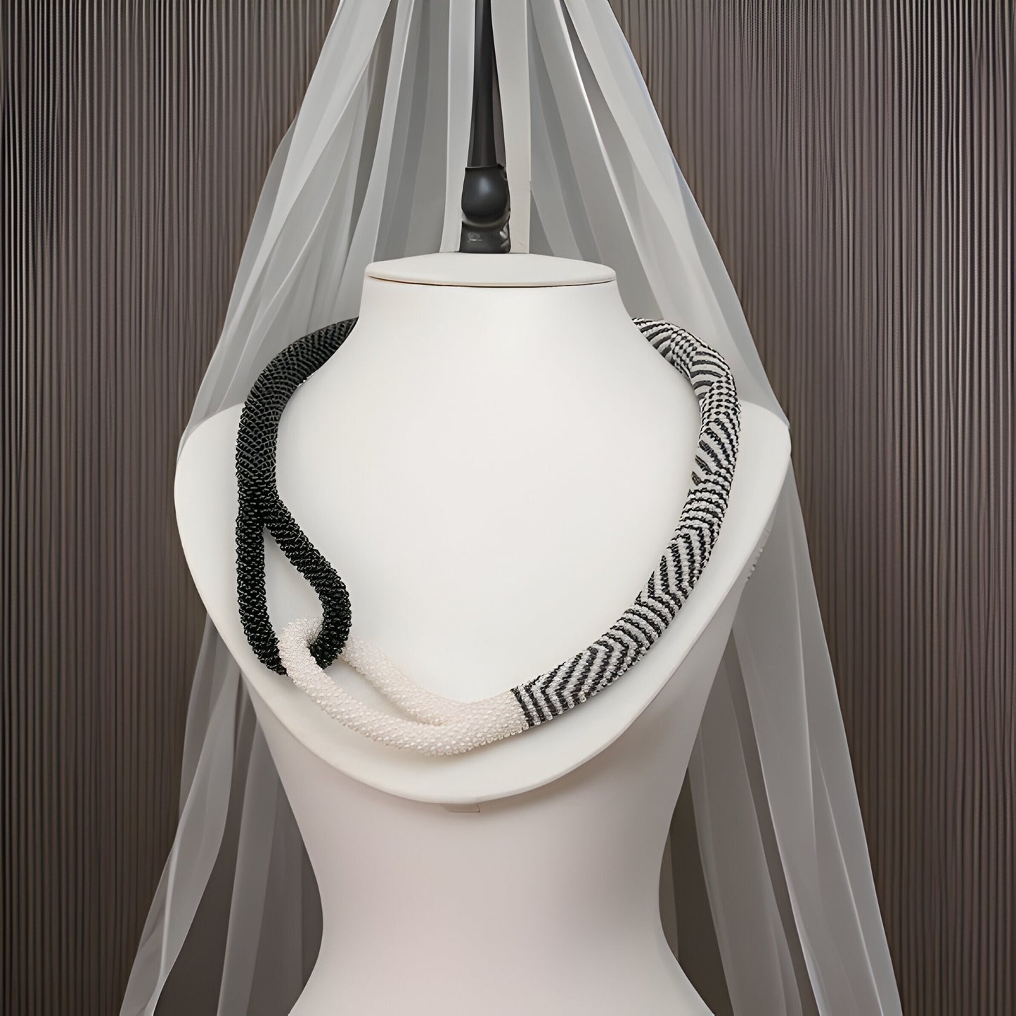 Knot Rope Necklace, Black and White, Pattern Necklace, Trendy Evening Necklace, Statement Necklace, Ombre Necklace, Wedding Necklace