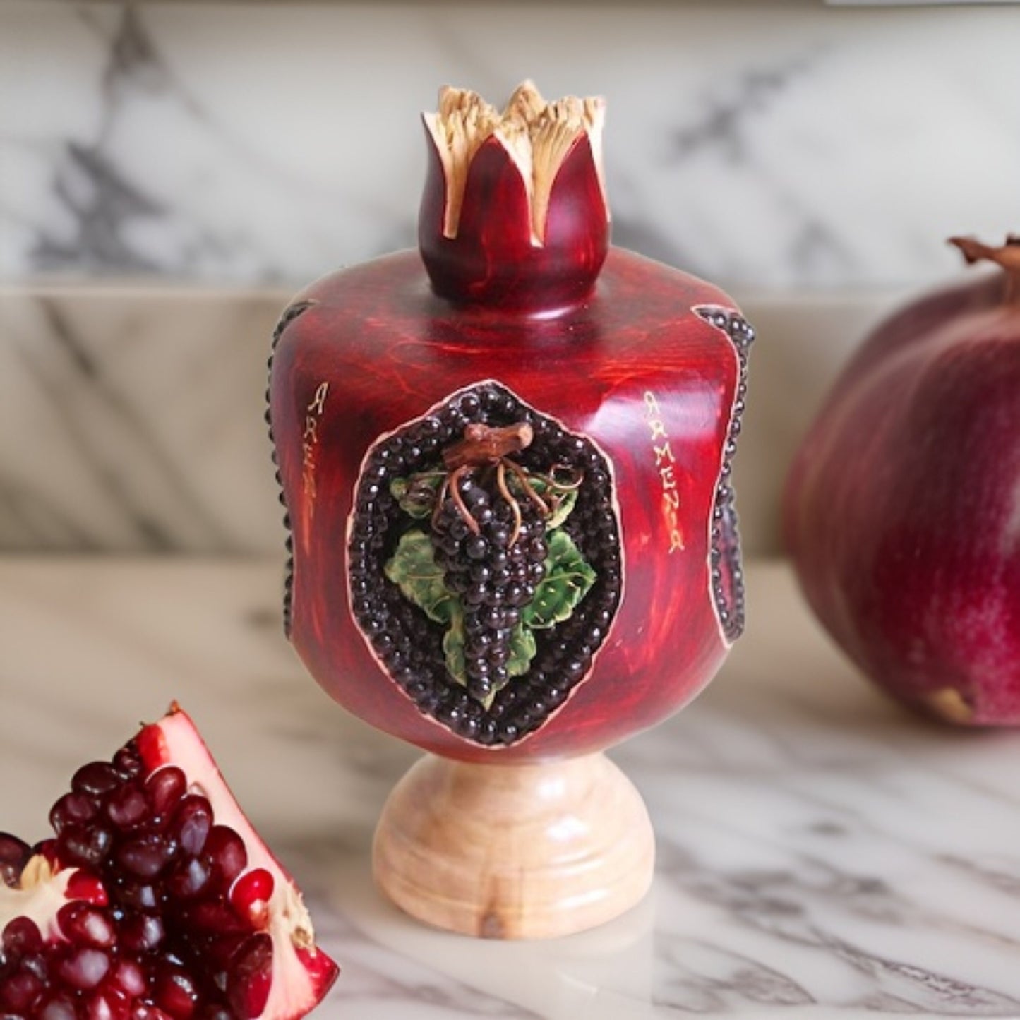 Armenian Pomegranate Wooden Wine Holder - Armenian Art - Wine Stand - Armenian Grapes - Armenia Symbol Gifts - Man Cave Gift - Home Decor