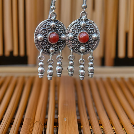 Medieval Themed Dangle Earrings with Red Natural Stone - Celtic Viking Shield Silver Dangle Earrings - Filigree Jewelry - Armenian Handmade