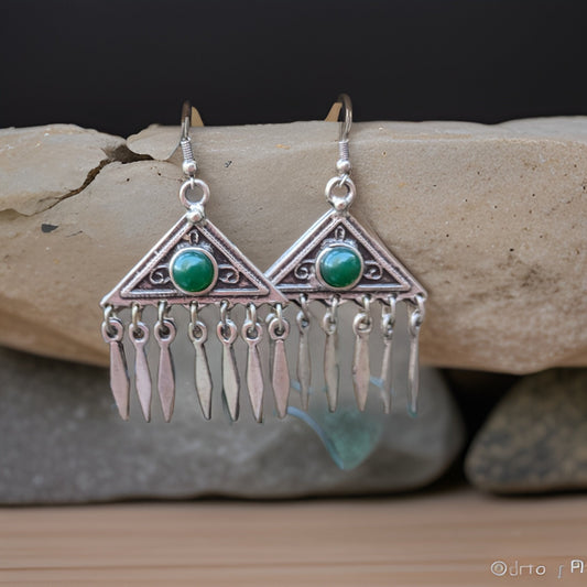 Bohemian Dangle Earrings with Natural Green Triangle Geometric Arrows - Primitive and Trendy Jewelry for an Eco-Friendly Fashion Statement