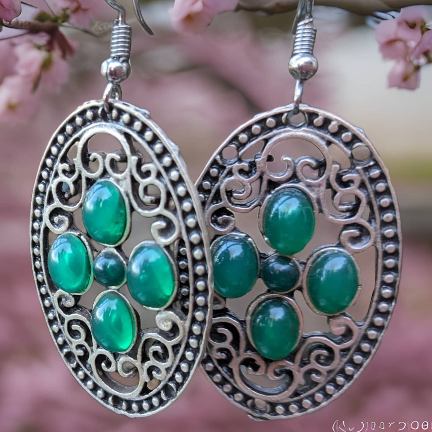 Boho Chic Silver Oval Earrings with Natural Green Stones - Filigree  Handcrafted Jewelry for a Touch of Bohemian Elegance and  Glamour