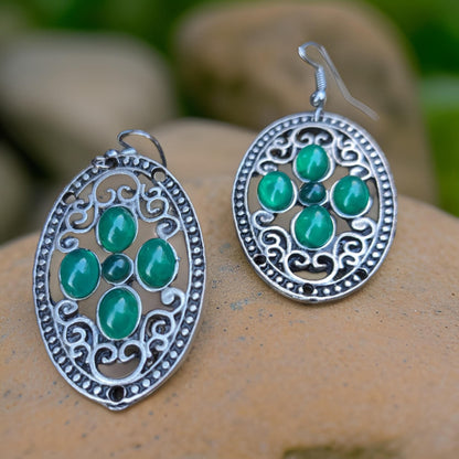 Boho Chic Silver Oval Earrings with Natural Green Stones - Filigree  Handcrafted Jewelry for a Touch of Bohemian Elegance and  Glamour