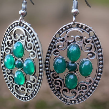 Boho Chic Silver Oval Earrings with Natural Green Stones - Filigree  Handcrafted Jewelry for a Touch of Bohemian Elegance and  Glamour