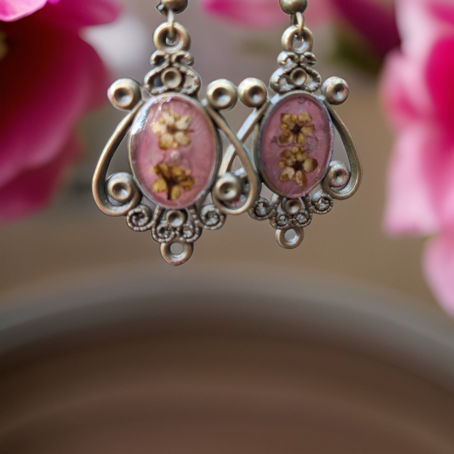 Victorian-Inspired Earrings Light Pink Dried Flowers from Armenia - Antique Aesthetic, Delicate Floral Jewelry,  Touch of Timeless Elegance