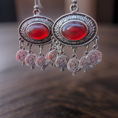 Bright Red Natural Stone Armenian Traditional Dangle Earrings with Pomegranate Filigree - Bohemian Style in Silver Color - Armenian Gift