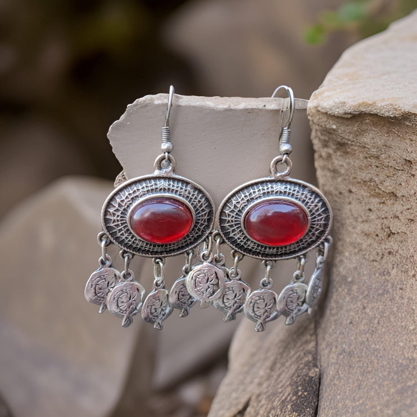 Bright Red Natural Stone Armenian Traditional Dangle Earrings with Pomegranate Filigree - Bohemian Style in Silver Color - Armenian Gift