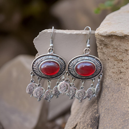 Bright Red Natural Stone Armenian Traditional Dangle Earrings with Pomegranate Filigree - Bohemian Style in Silver Color - Armenian Gift