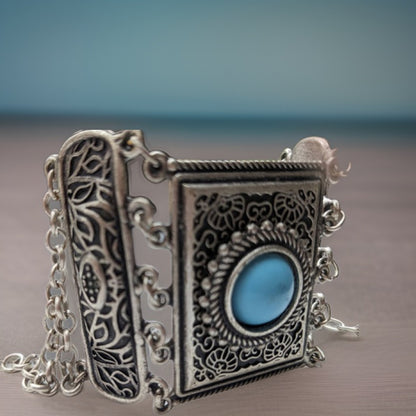 Adjustable Blue Stone Filigree Cuff Bracelet - Viking-Inspired Silver Metalwork - Artisan Crafted