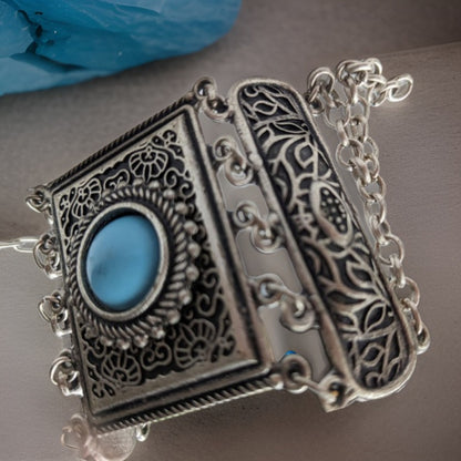 Adjustable Blue Stone Filigree Cuff Bracelet - Viking-Inspired Silver Metalwork - Artisan Crafted