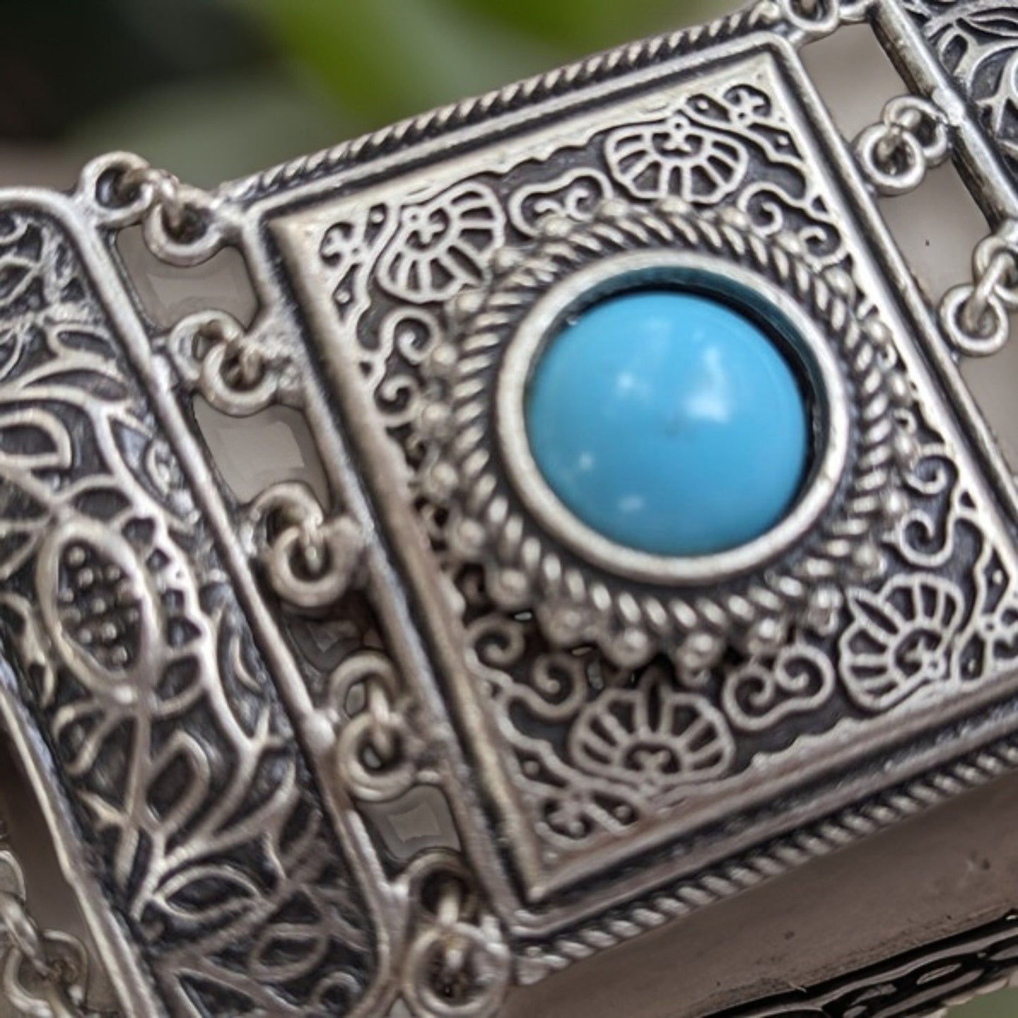 Adjustable Blue Stone Filigree Cuff Bracelet - Viking-Inspired Silver Metalwork - Artisan Crafted