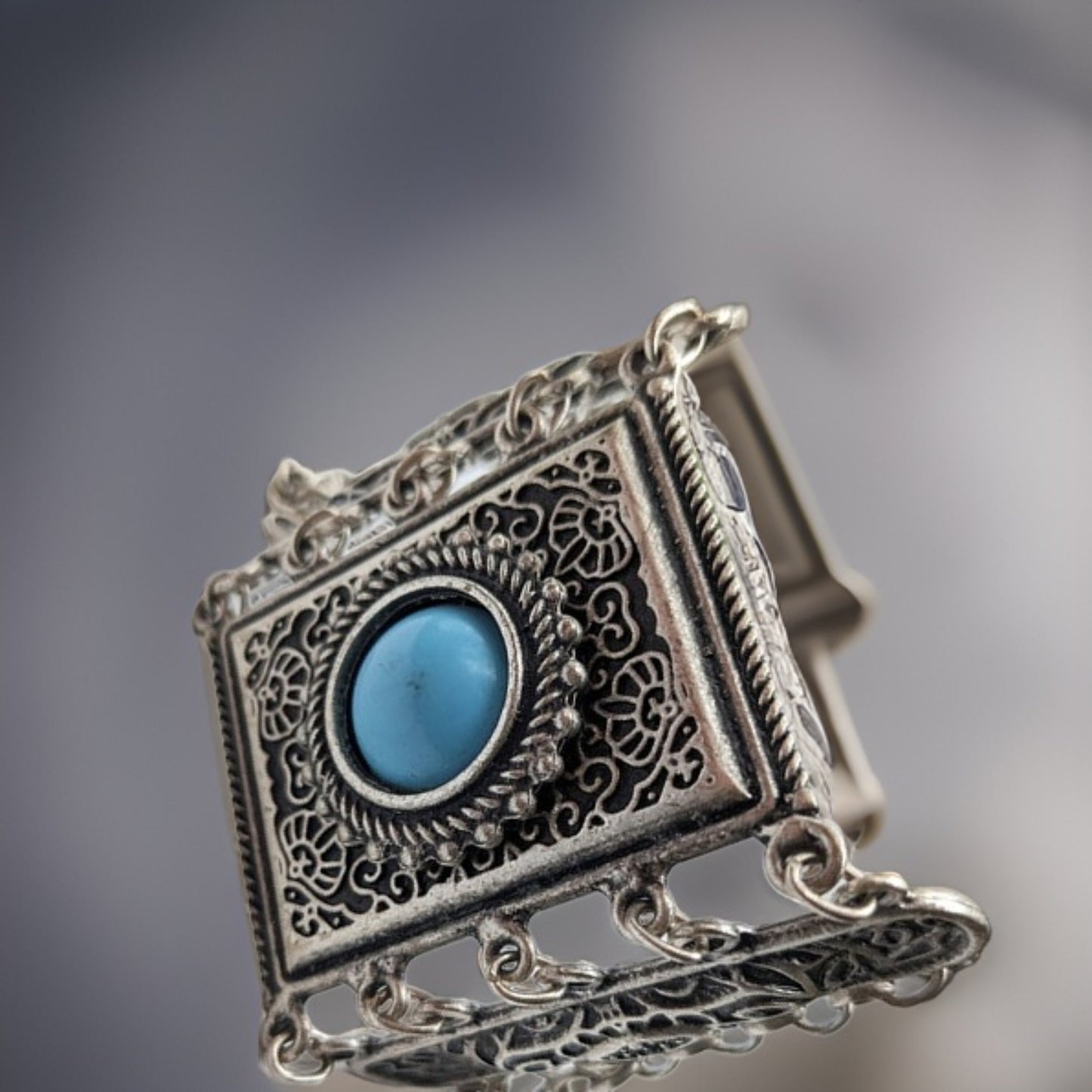 Adjustable Blue Stone Filigree Cuff Bracelet - Viking-Inspired Silver Metalwork - Artisan Crafted