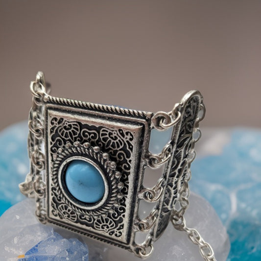 Adjustable Blue Stone Filigree Cuff Bracelet - Viking-Inspired Silver Metalwork - Artisan Crafted