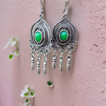 Renaissance Earrings - Victorian Style Bohemian Filigree Earrings with Large Natural Green Stone - Armenian Handmade - Armenian Gift