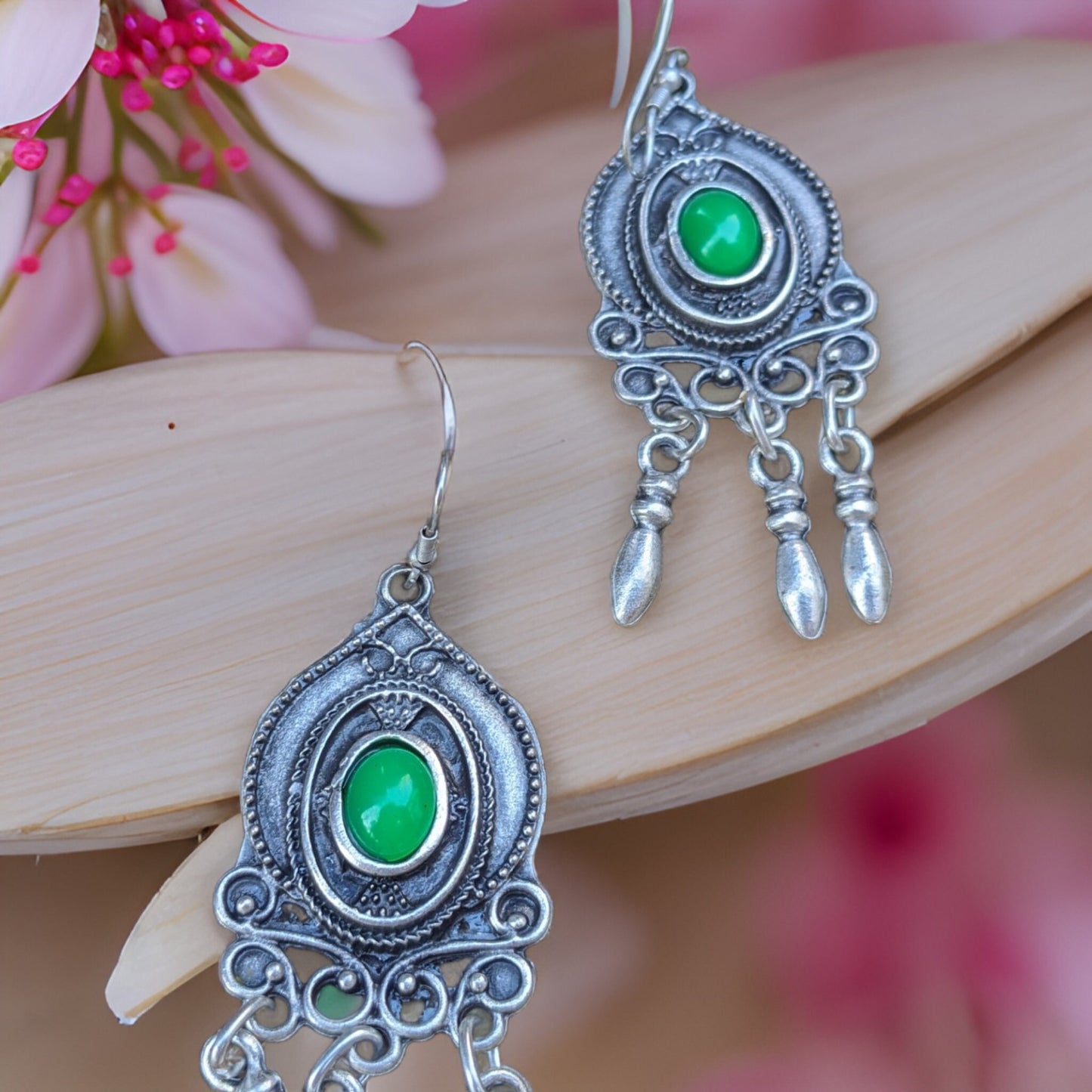 Renaissance Earrings - Victorian Style Bohemian Filigree Earrings with Large Natural Green Stone - Armenian Handmade - Armenian Gift