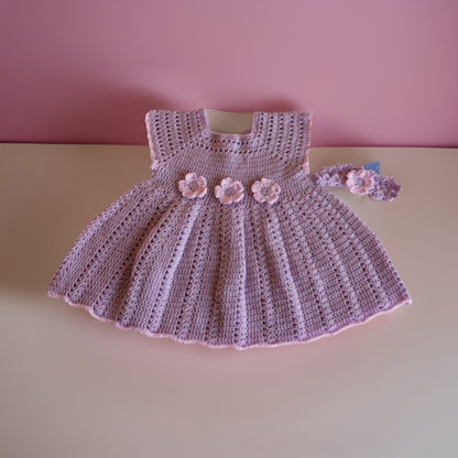 Crocheted Baby Dress Set - Floral Embellishments with Coordinating Headband