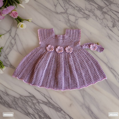 Crocheted Baby Dress Set - Floral Embellishments with Coordinating Headband