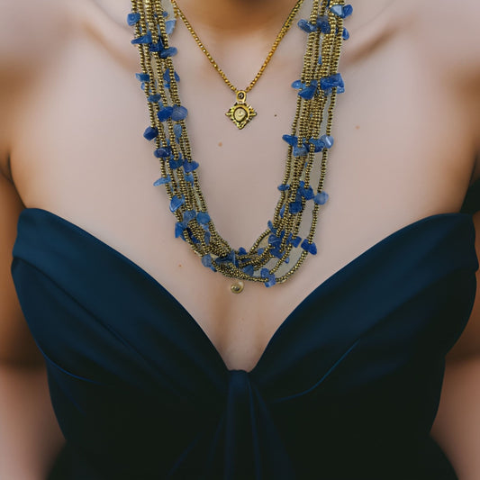 Navy Blue Gold Statement Necklace - Midnight Blue Multi-Strand with Stunning Gold Seed beads -  Luxurious Perfect for Special Occasions