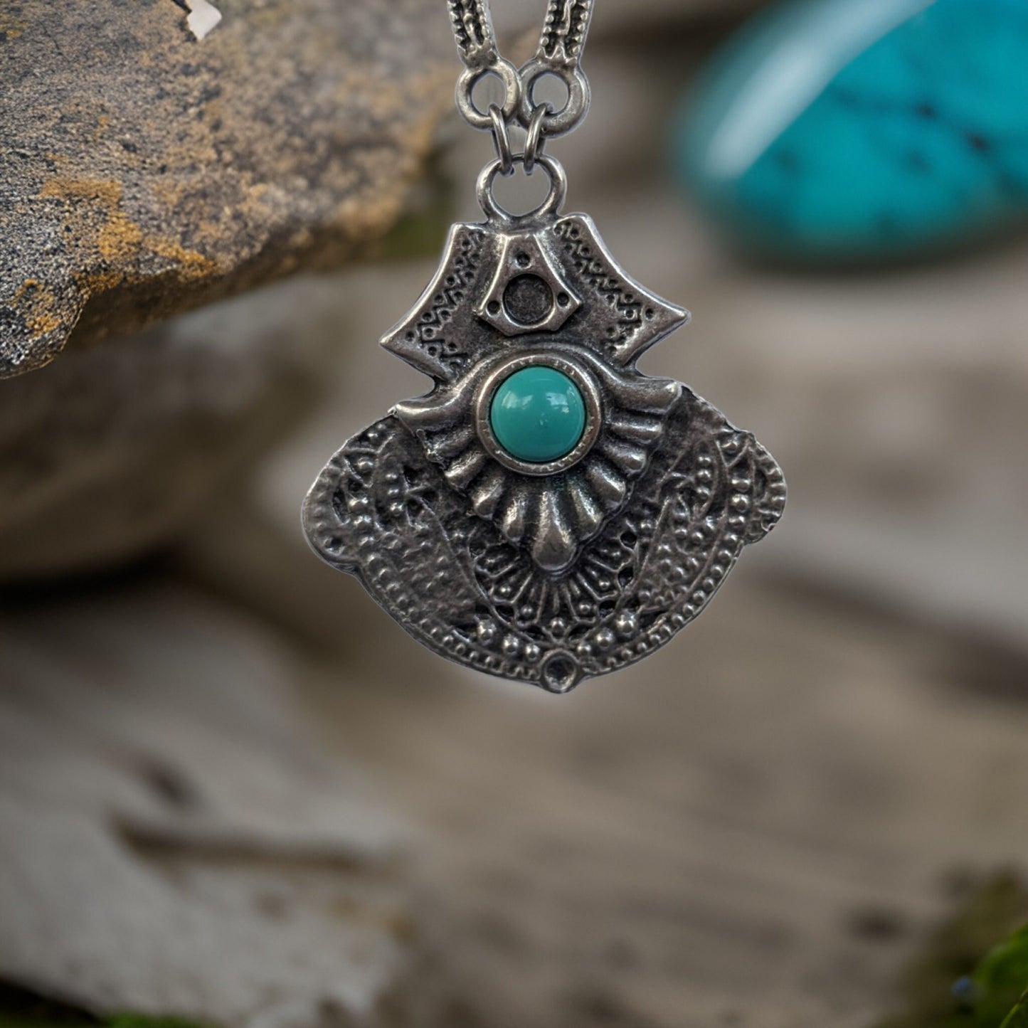 Bohemian Silver Tone Pendant with Natural Turquoise Stone  Long - Handcrafted Boho Jewelry, Turquoise Necklace, Statement Piece, Unique Gift