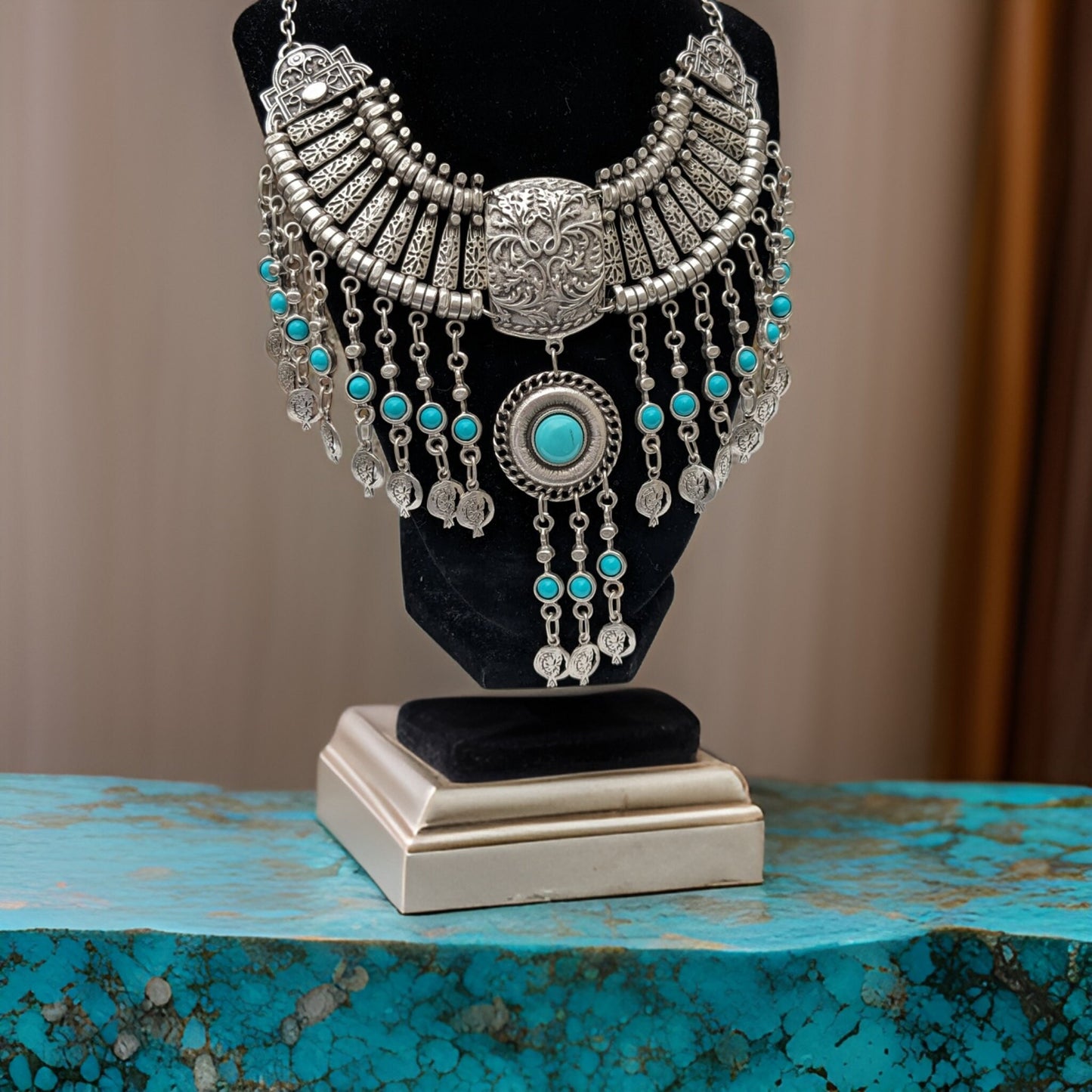 Large Bohemian Statement Necklace with Sky Blue Natural Stone and Pomegranate Beads - Armenian Heritage Inspired Jewelry- Armenian Gfit