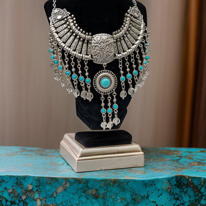 Large Bohemian Statement Necklace with Sky Blue Natural Stone and Pomegranate Beads - Armenian Heritage Inspired Jewelry- Armenian Gfit