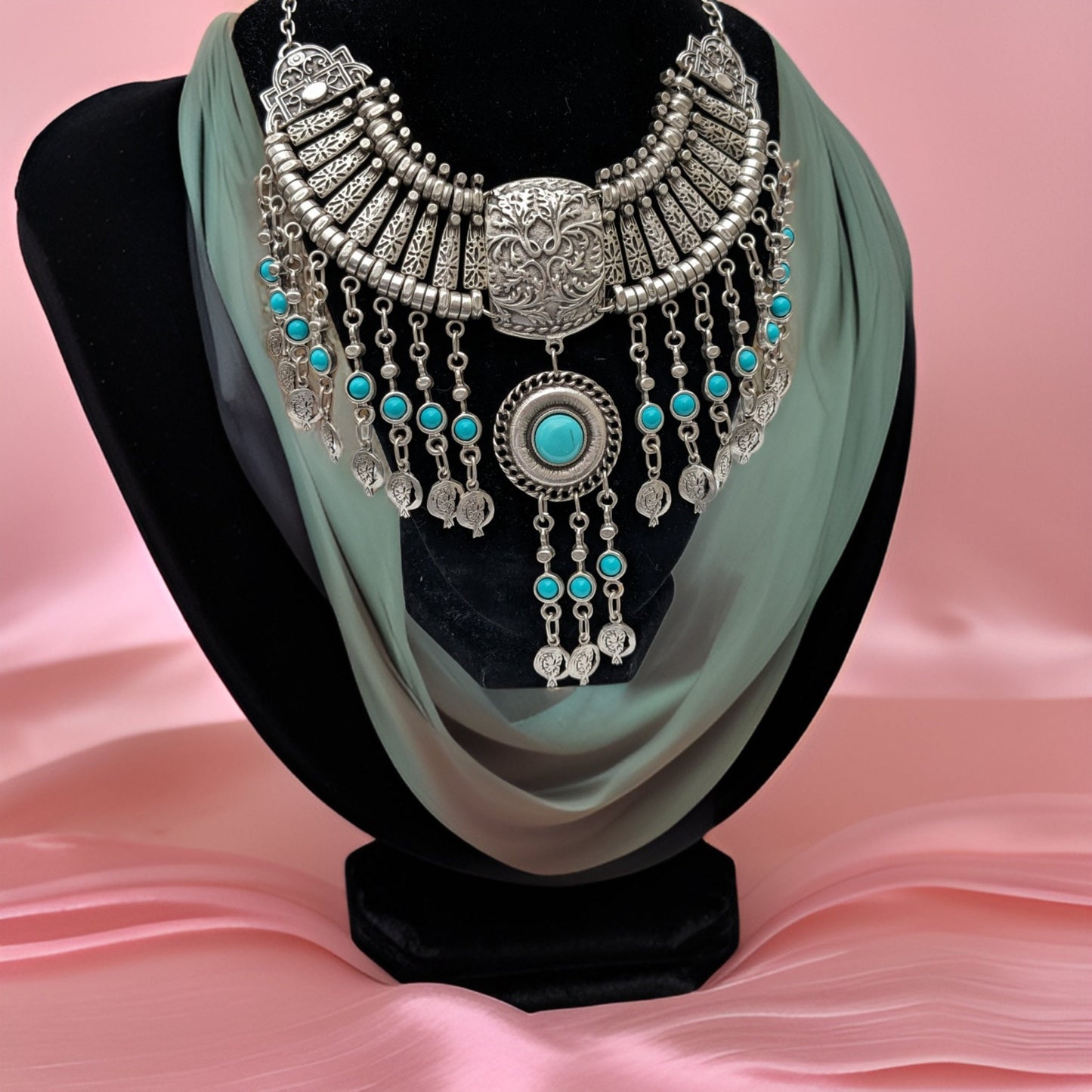 Large Bohemian Statement Necklace with Sky Blue Natural Stone and Pomegranate Beads - Armenian Heritage Inspired Jewelry- Armenian Gfit