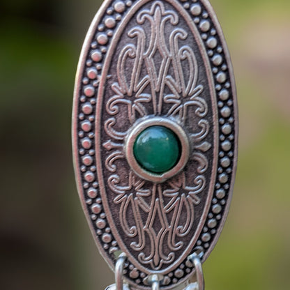 Filigree Oval Earrings with Natural Green Stone - Bohemian Dangle Long Earrings - Handcrafted Armenian Jewelry - Unique Statement Pieces