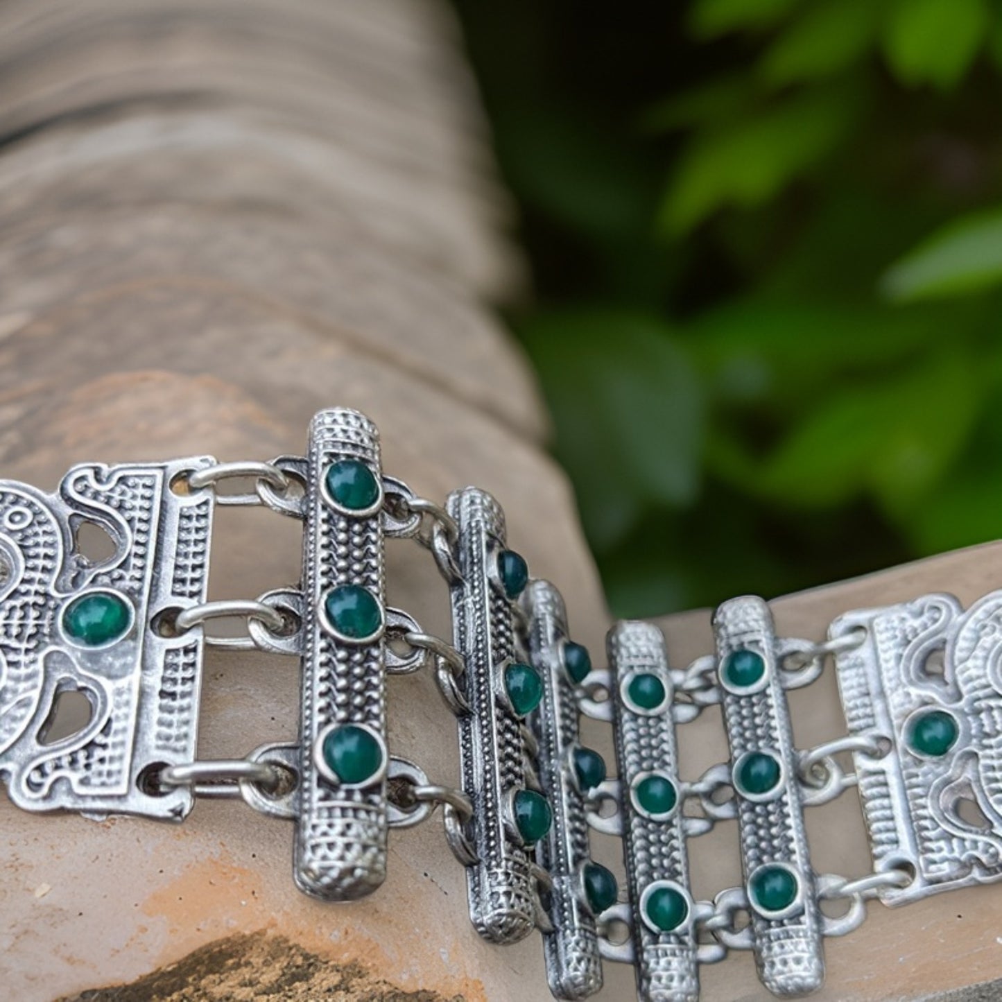 Handmade Silver Filigree Cuff Bracelet with Natural Sky Blue and Forest Green Gemstone - Norse Design - Adjustable Wrist Cuff