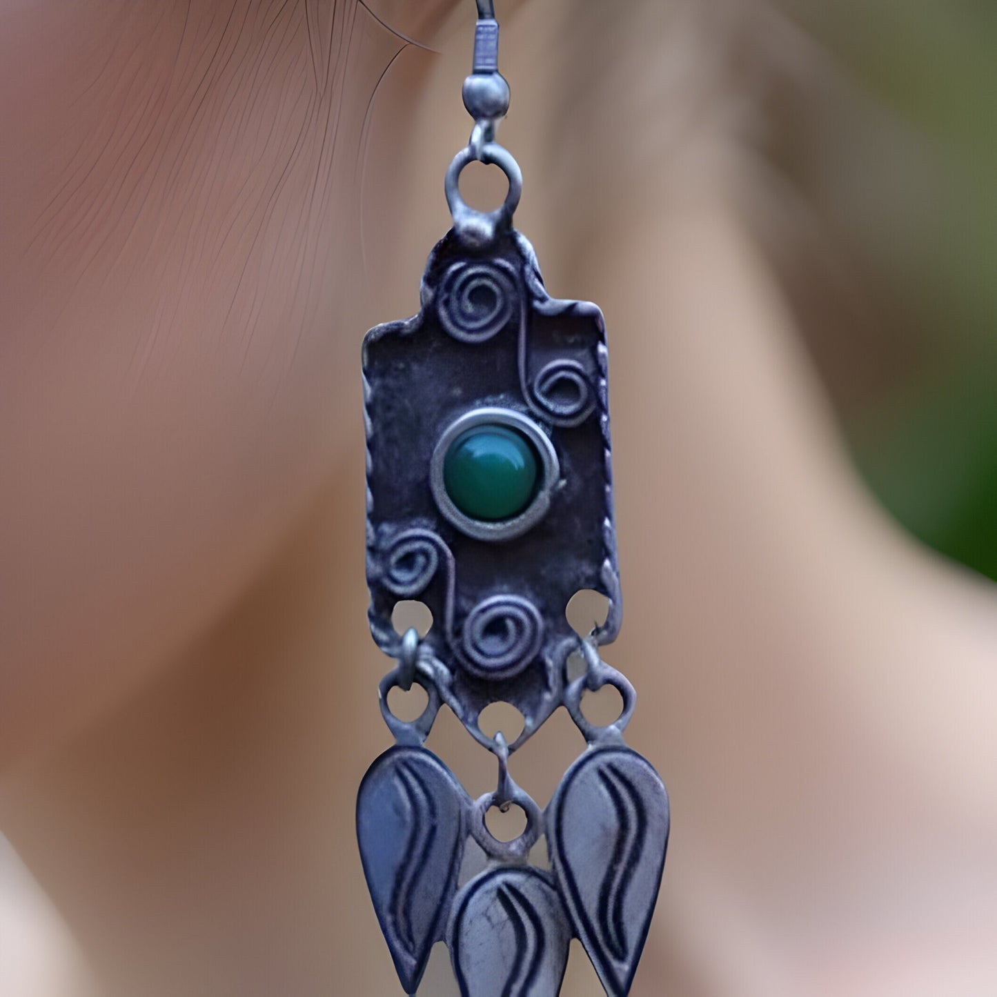 Green Natural Stone Dangling Earrings with Spiral Designs and Leaf Accents - Bohemian and Armenian Historical Inspired Jewelry"