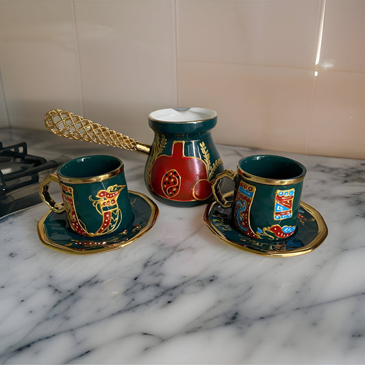 Armenian Coffee Pot with Hand-Painted Pomegranate Design - Luxurious Golden Handle - Unique Artisan Kitchenware