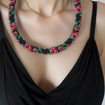 Romantic Blooming Roses Statement Necklace - Black and Red - SpringSummer Beaded Jewelry - PromSpecial Occasion - TM