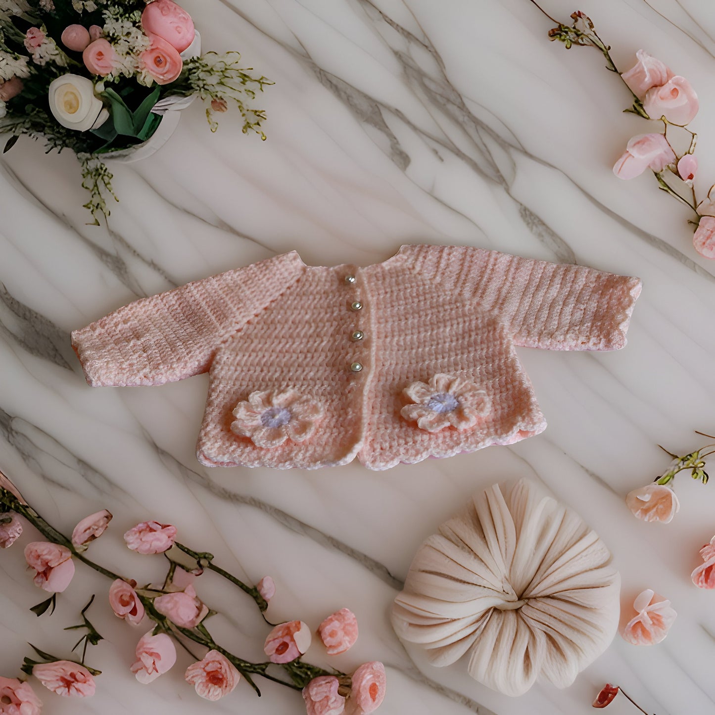 Floral Baby Jacket Set with Crib Shoes Hair Bend - Perfect for Baby Shower Birthday or Photoshoot - Customizable in Any Color