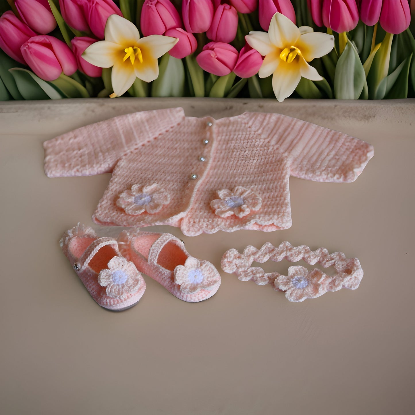 Floral Baby Jacket Set with Crib Shoes Hair Bend - Perfect for Baby Shower Birthday or Photoshoot - Customizable in Any Color