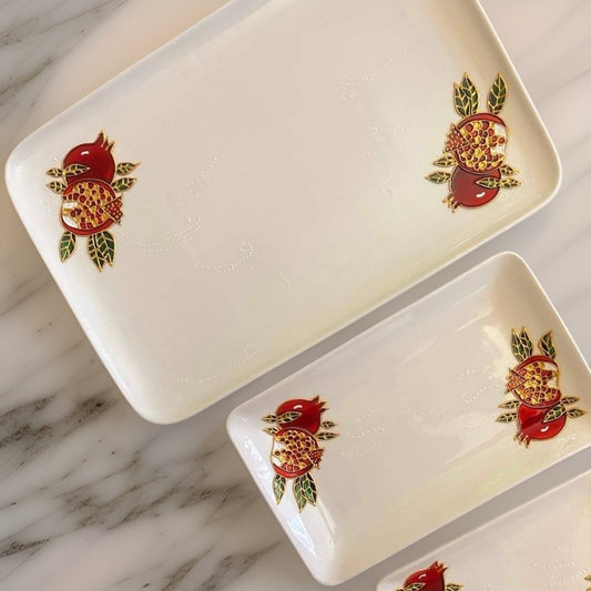 Hand-Painted Pomegranate Seeds Ornamental Serving Plates - Set of 3  Armenian Gift for Newlyweds  Beautifully Crafted Serveware