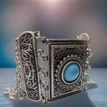 Adjustable Blue Stone Filigree Cuff Bracelet - Viking-Inspired Silver Metalwork - Artisan Crafted