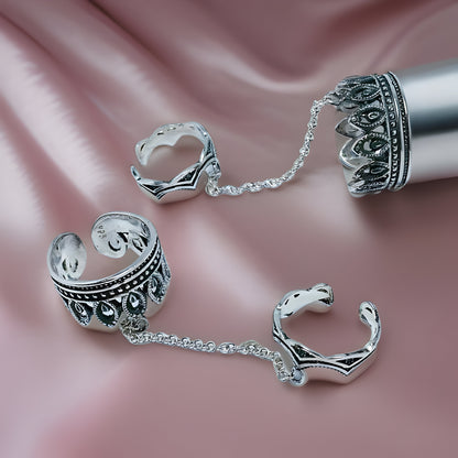 Adjustable Viking Double Sterling Silver Full Finger Ring - Games of Thrones Inspired Armenian Silver Design