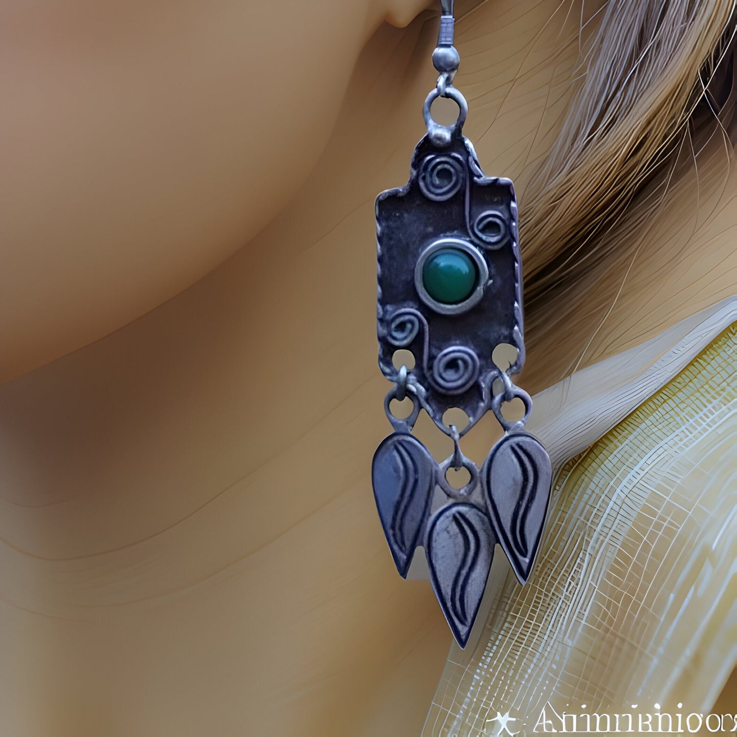 Green Natural Stone Dangling Earrings with Spiral Designs and Leaf Accents - Bohemian and Armenian Historical Inspired Jewelry"